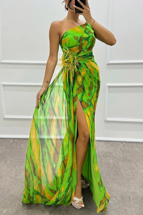 LM | Amazing Views Watercolor Print Feather Rose Detail Off Shoulder Pleated Slit Maxi Dress