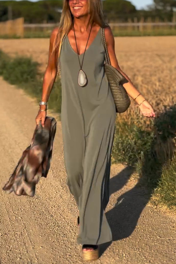 LM | Solid Color V-Neck Sleeveless Casual Loose Maxi Dress