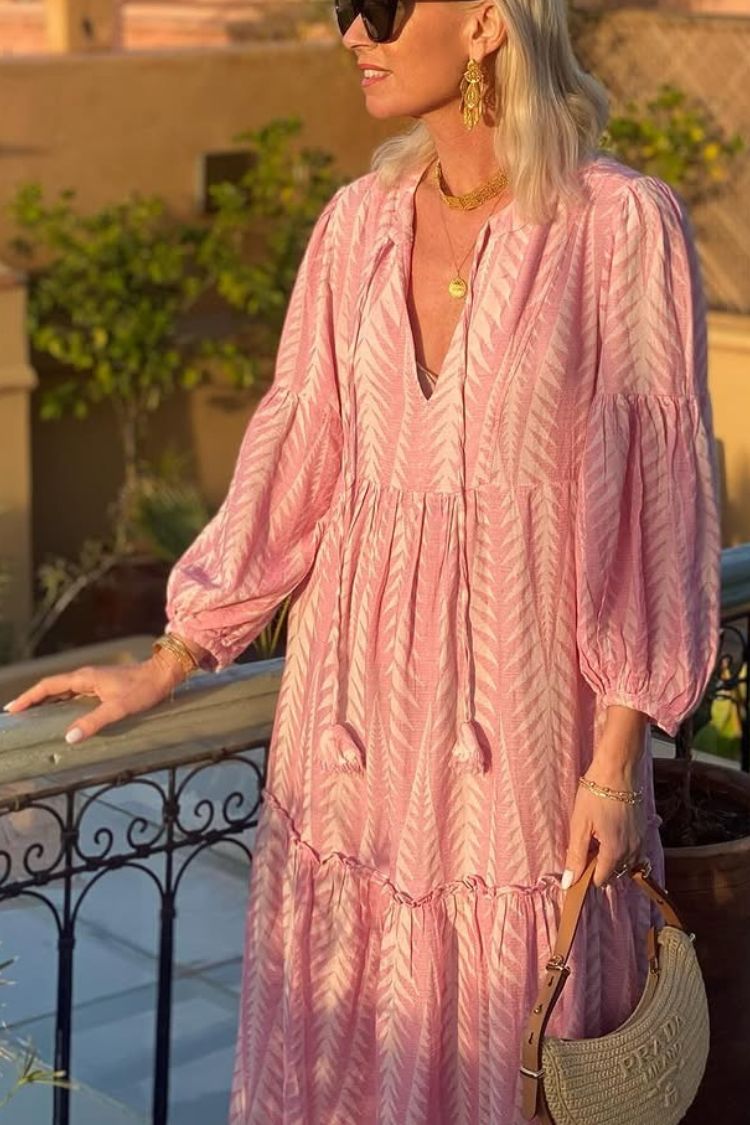 LM | Marrakech Stories Linen blend printed midi dress with balloon sleeves and A-line pockets