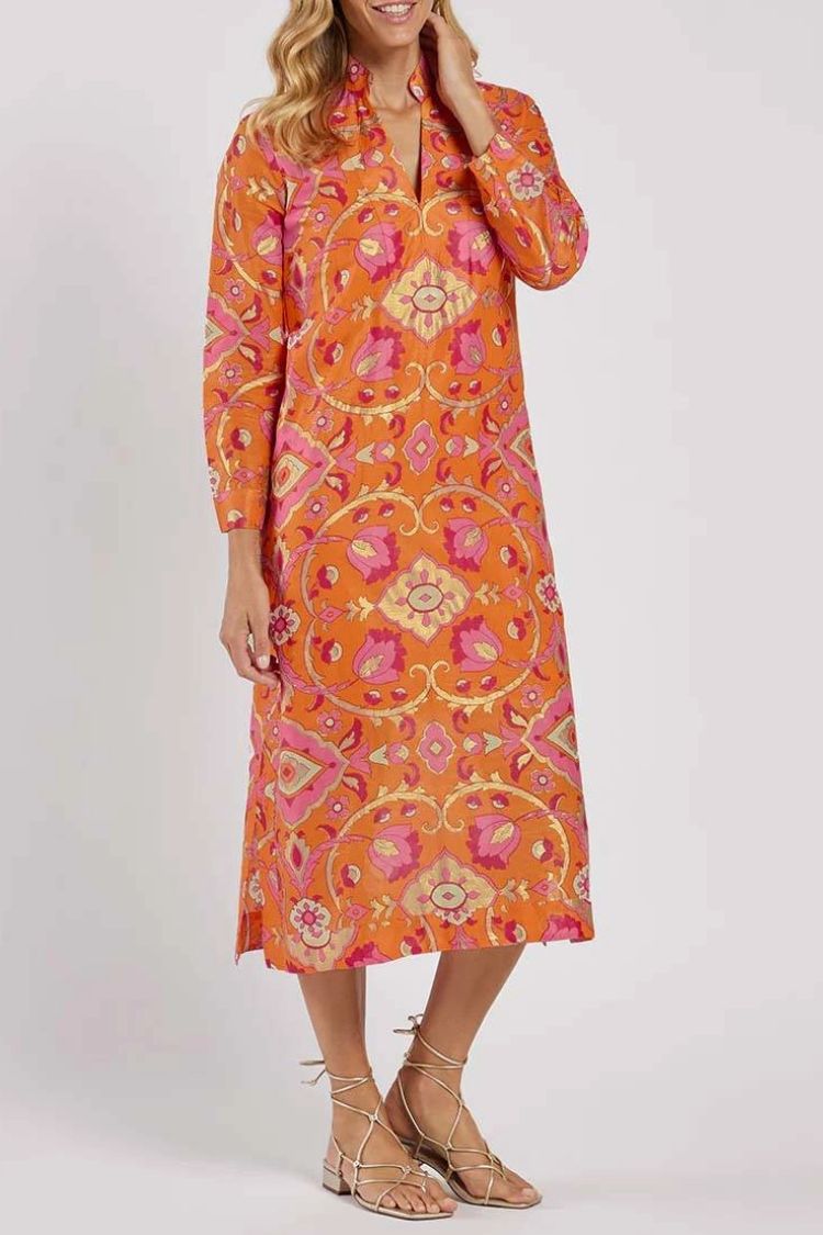 LM | Printed midi dress with stand-up collar