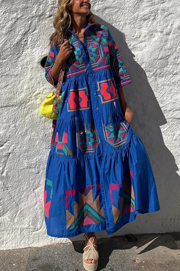 LM | Take Me To Cabo Ethnic Unique Print Button Loose Shirt Midi Dress