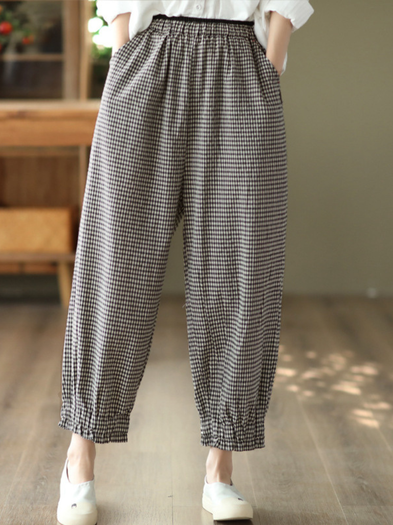 LM | Elastic Waist Plaid Casual Harem Pants Bottoms