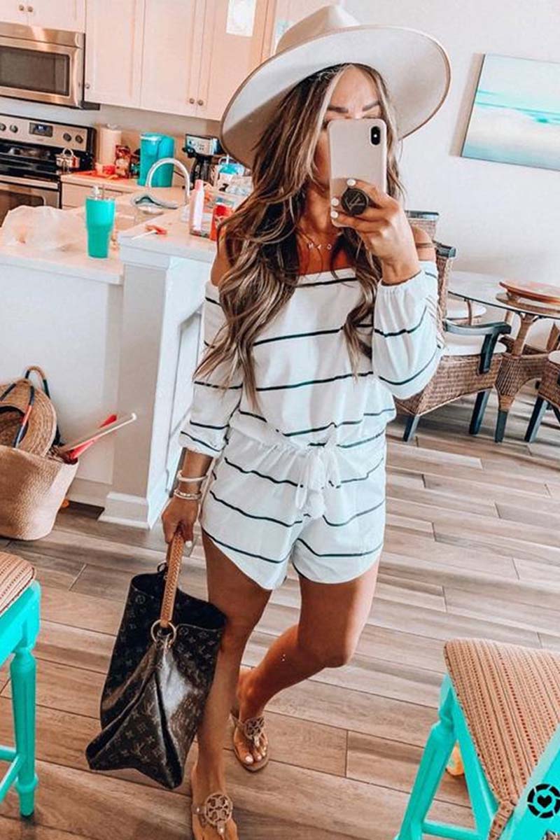 LM | Off the shoulder striped loose one-piece romper