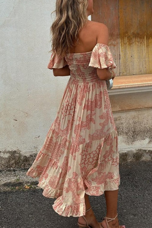 LM | Pitaya Unique Print Off Shoulder Smocked Ruffle Sleeve Layered Midi Dress