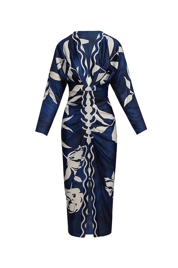 LM | Caliana Unique Print Dolman Long Sleeve Ruffled Slit Midi Dress