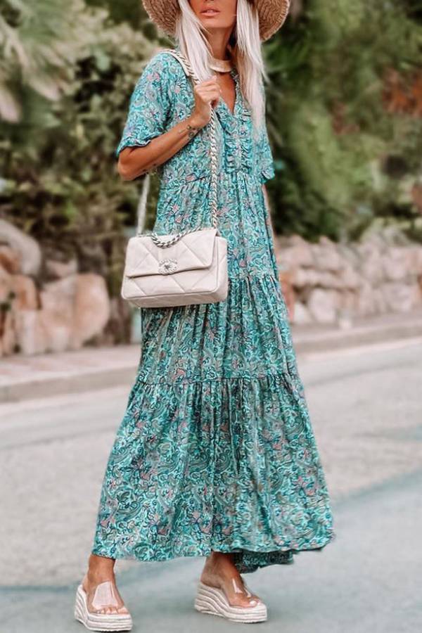 LM | Sky Blue Paisley Print Split V Neck Tiered Boho Maxi Dress