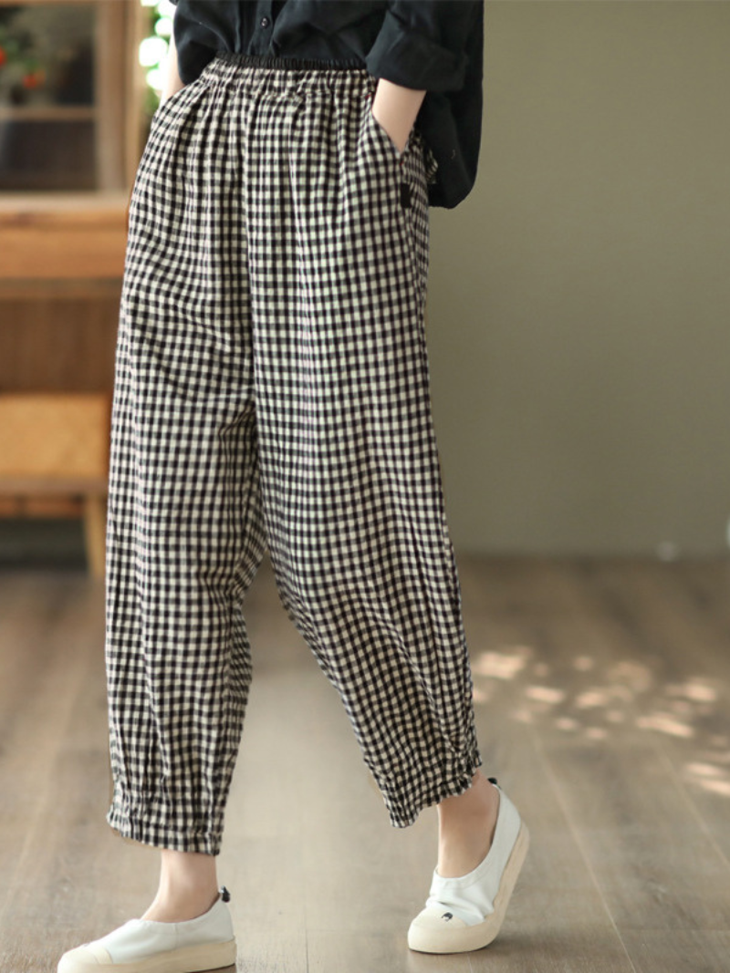 LM | Elastic Waist Plaid Casual Harem Pants Bottoms