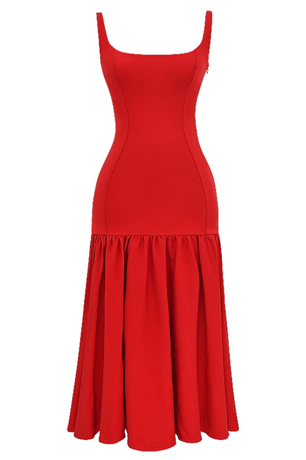 LM | Graceful Silhouette Square Neckline Wide Strap Drop Waist Midi Dress