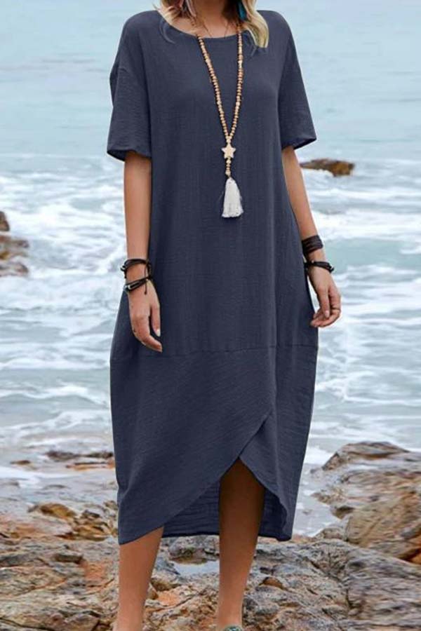 LM | Solid Color Cotton Linen Retro Round Neck Short Sleeve Midi Dress