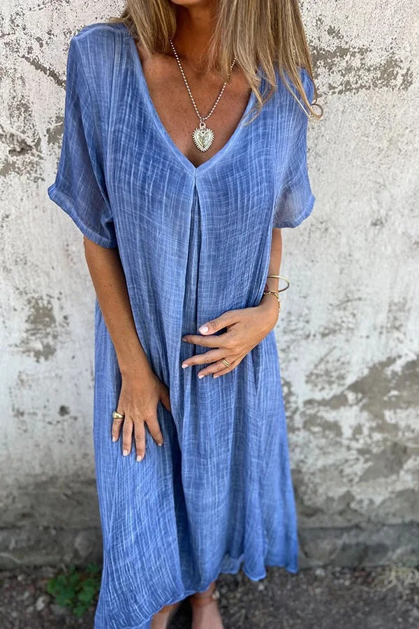 LM | Bayside Bliss linen blend short sleeve pleated loose midi dress