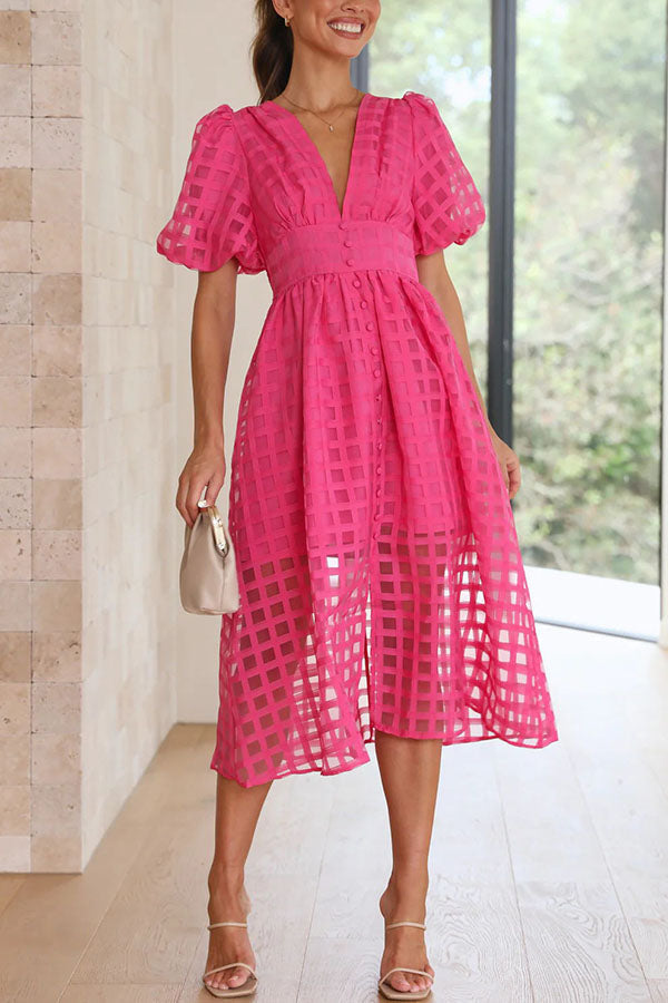 LM | Remarkable Beauty Square Patterned Fabric Puff Sleeve Party Midi Dress