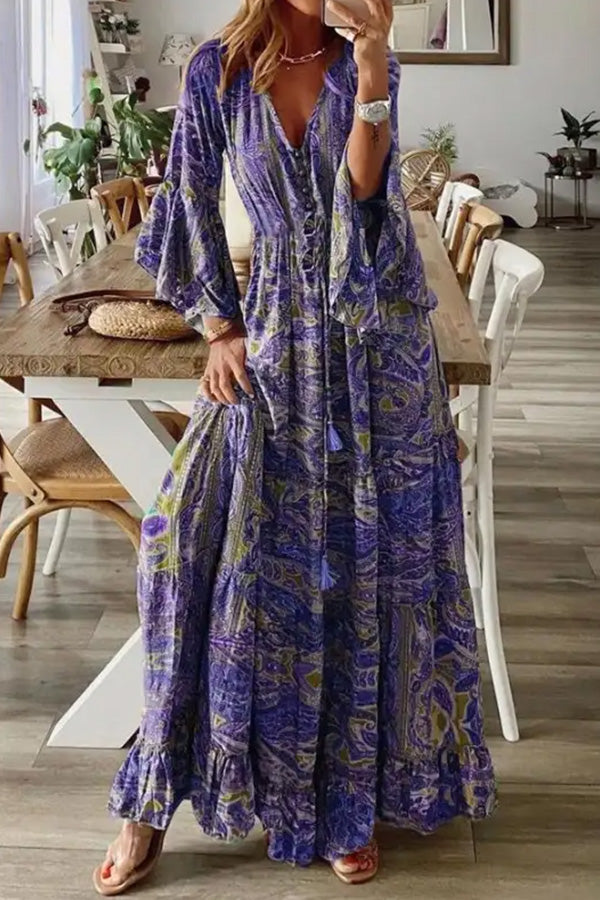 LM | V-Neck Loose Peris Print Vacation Long Sleeve Maxi Dress