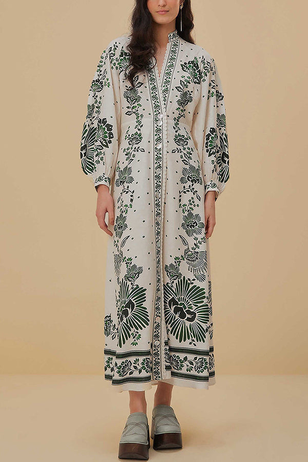 LM | Unique print button down long sleeve shirt maxi dress