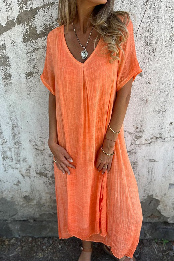LM | Bayside Bliss linen blend short sleeve pleated loose midi dress