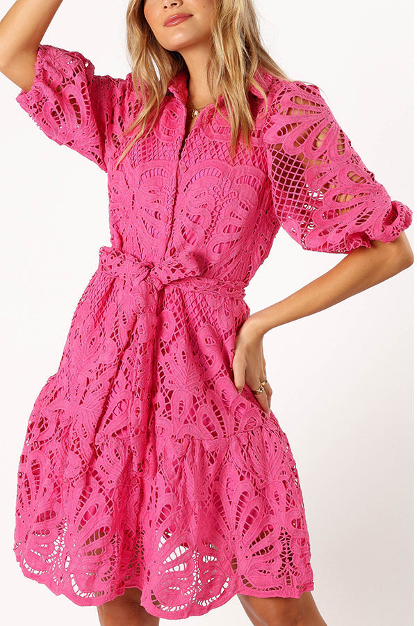 LM | Solid color lace neckline balloon sleeves and waist tie mini dress