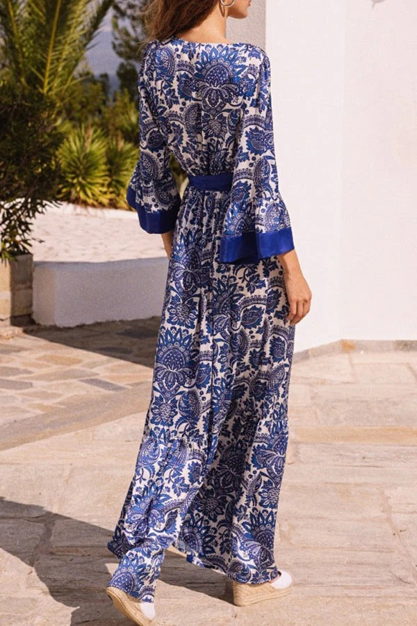 LM | Greek Island Satin Unique floral print tassel belt Maxi dress in wrap look