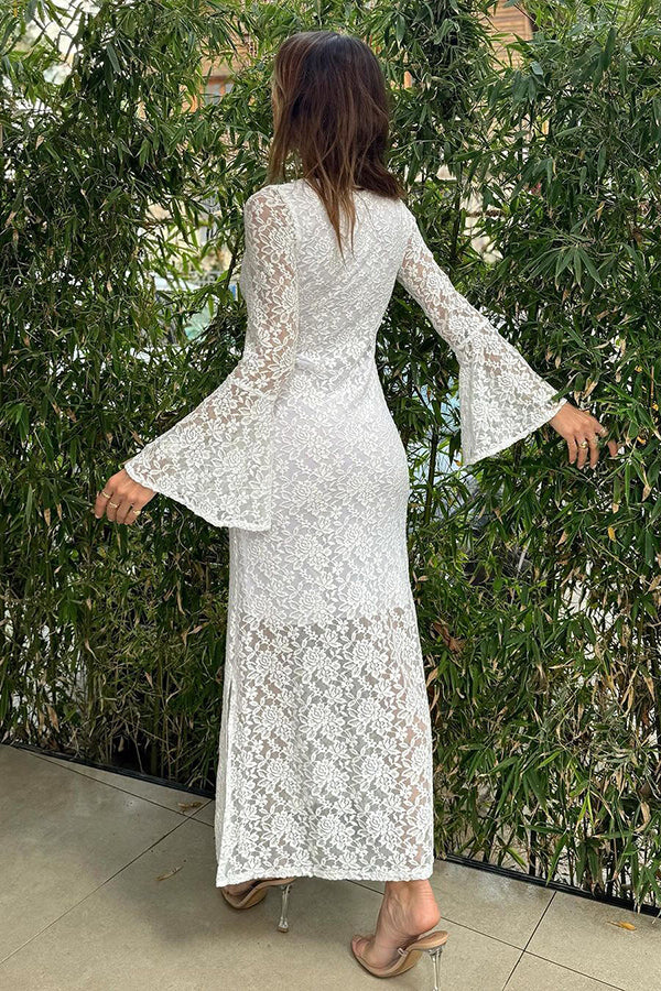 LM | Luxe Lifestyle Lace Square Neckline Bell Sleeves Lined Slit Midi Dress