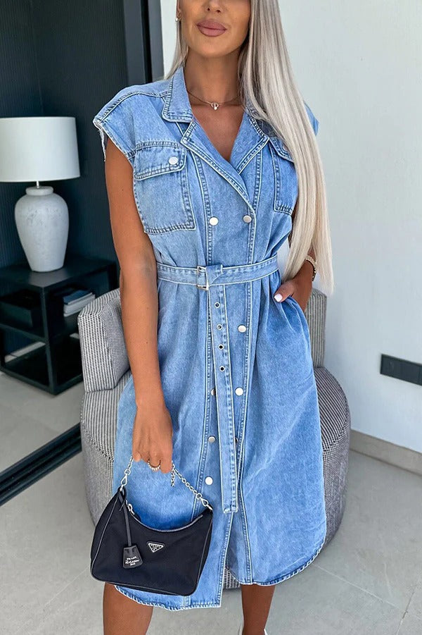 LM | Solid Color Casual Lapel Sleeveless Button Pocket Waist Tie Denim Midi Dress