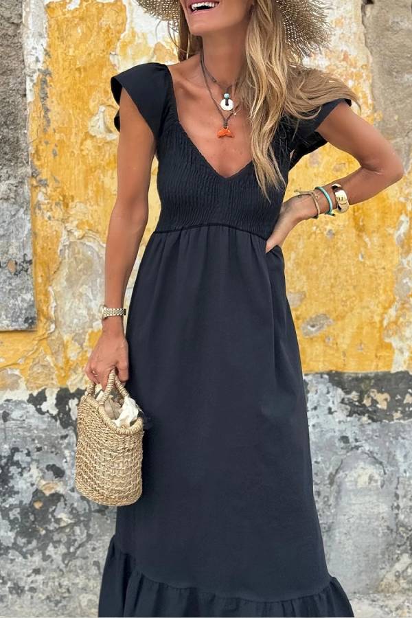 LM | Black V-neck Flutter sleeves Smocked top High waist Ruched maxi dress