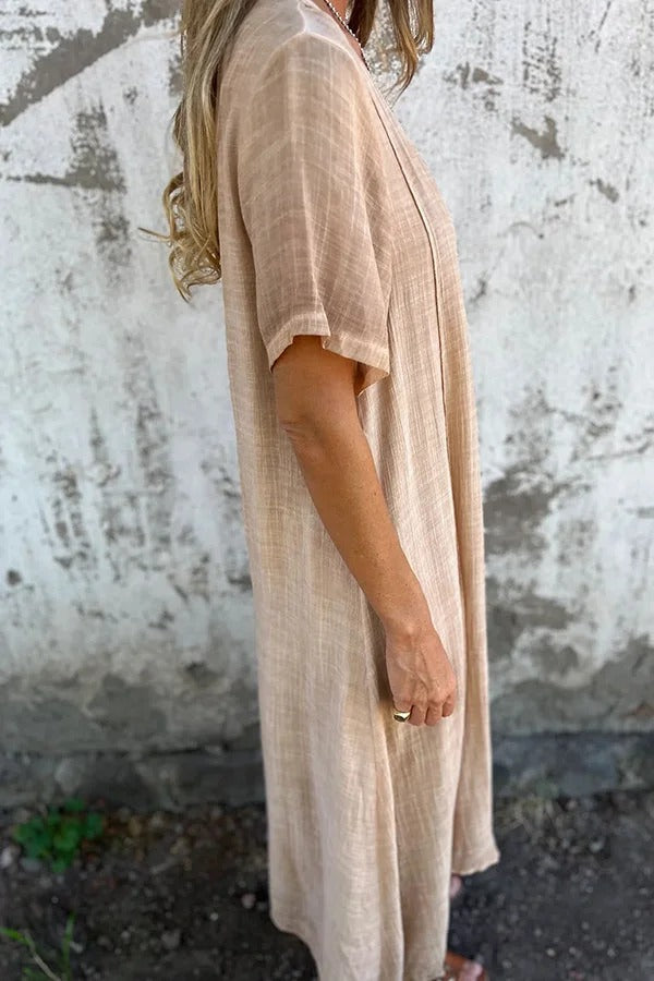 LM | Bayside Bliss linen blend short sleeve pleated loose midi dress
