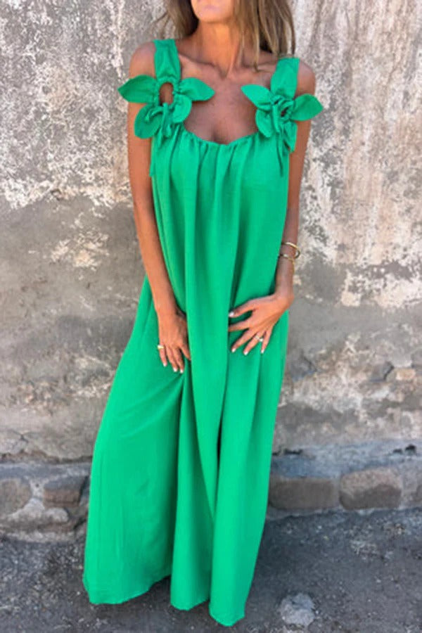 LM | Solid Floral Embellished Sleeveless Loose Maxi Dress