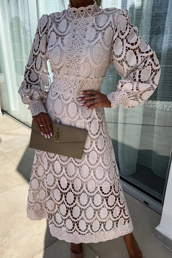 LM | Romantic, Sensual and Elegant Crochet Lace Lantern Sleeve Party Midi Dress