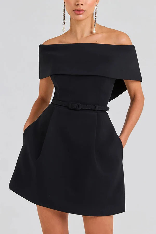 LM | Elegant Evening Lapel Bandeau Detachable Belt Pocketed Mini Dress