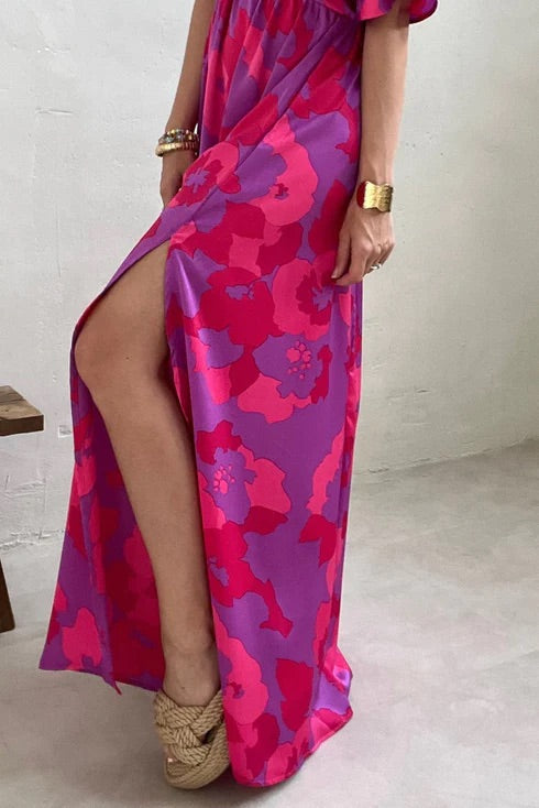 LM | Rose Abstract Floral Print V-Neck Dolman Maxi Dress