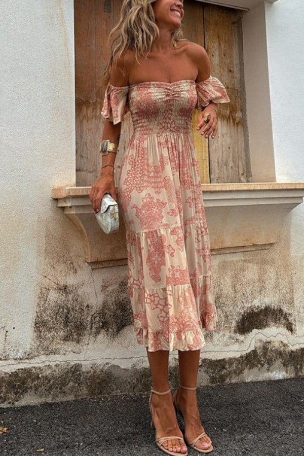 LM | Pitaya Unique Print Off Shoulder Smocked Ruffle Sleeve Layered Midi Dress