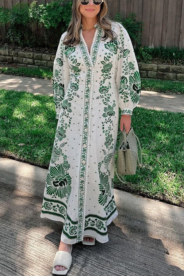 LM | Unique print button down long sleeve shirt maxi dress