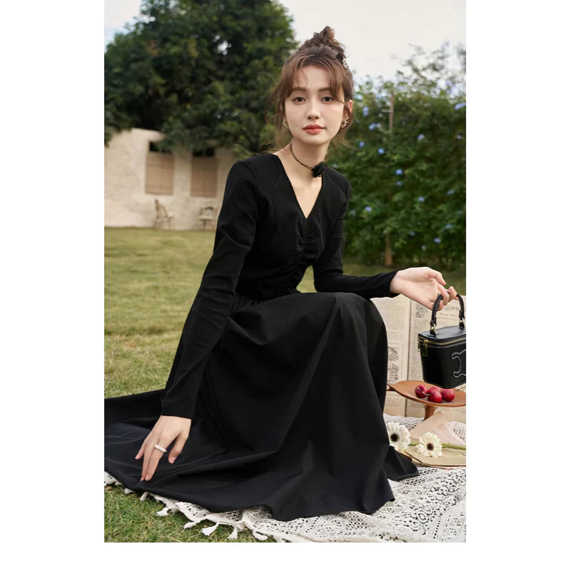 LM | Elegant Black Knitted Smocked V-Neck A-Line Midi Dress