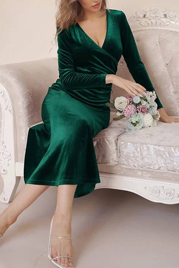 LM | Solid Velvet Long Sleeve V-Neck Slim Fit Fishtail Maxi Dress