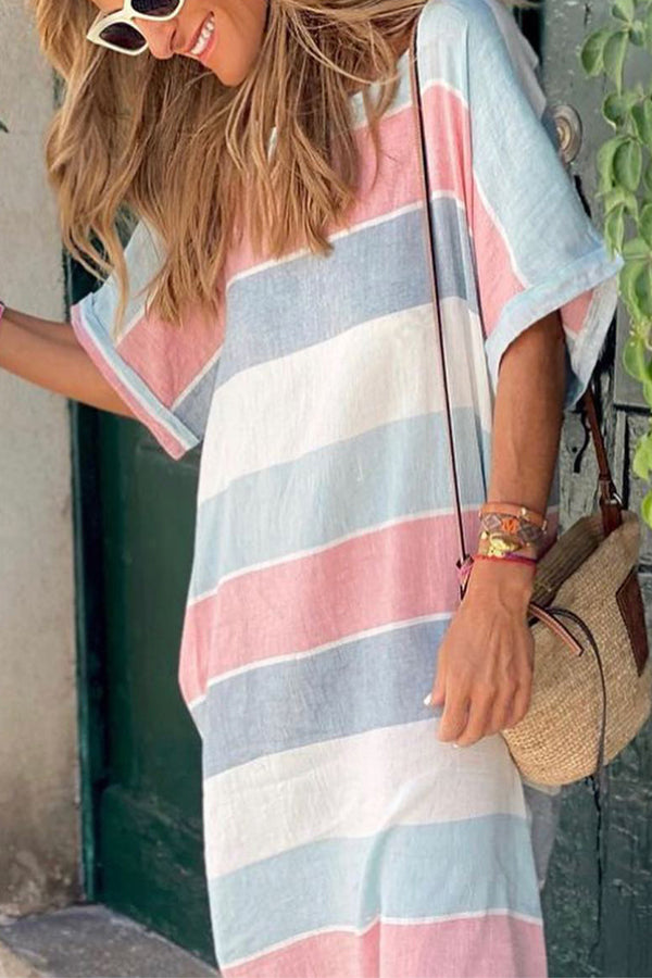 LM | Multicolor Striped Color Block Loose Fit Half Sleeve Maxi Dress
