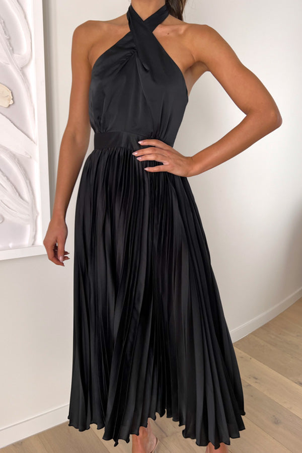 LM | Beaming Smile satin halterneck pleated midi dress