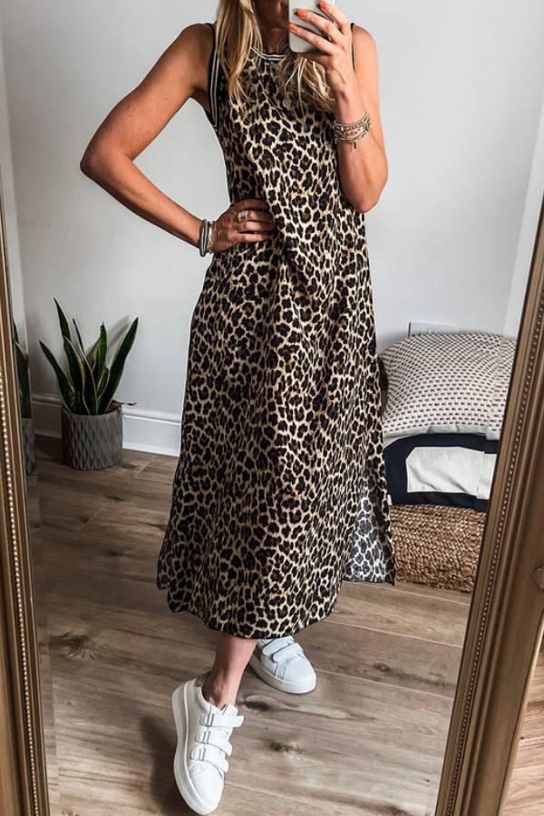 LM | Black contrast striped leopard print sleeveless midi dress