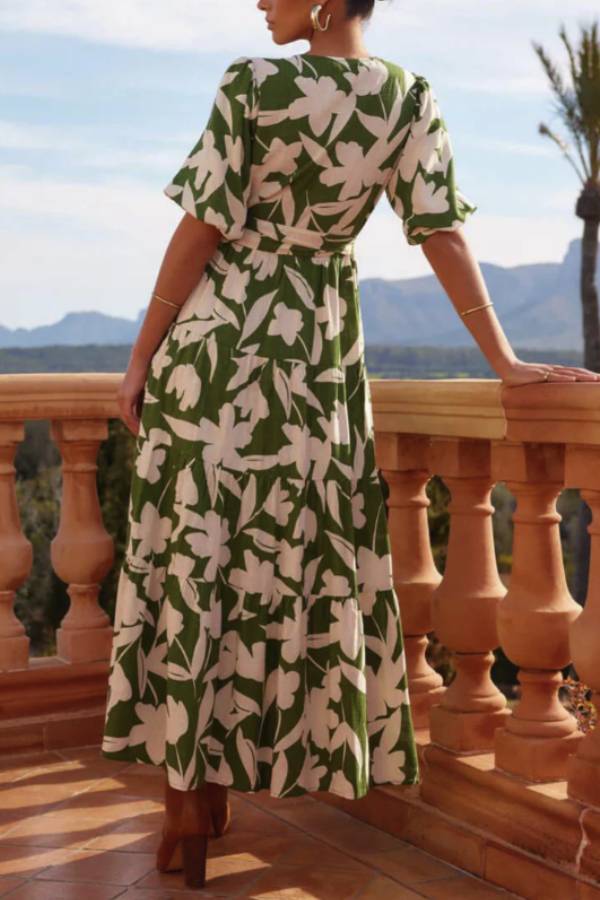 LM | V-neck Short sleeves Slit Printed midi dress