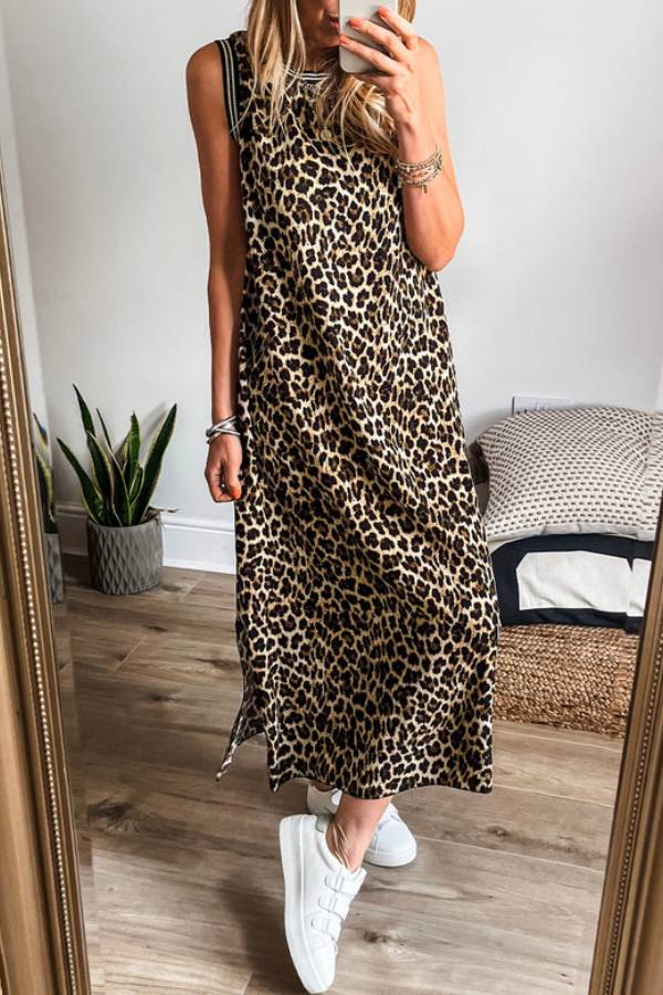 LM | Black contrast striped leopard print sleeveless midi dress