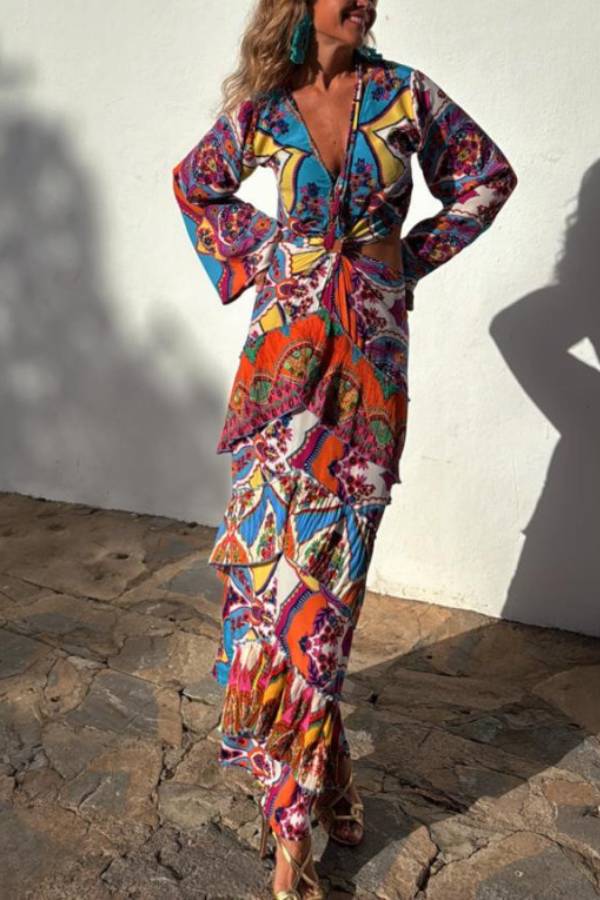 LM | Colorful Day Unique Print Bell Sleeve Neckline Waist Layered Maxi Dress