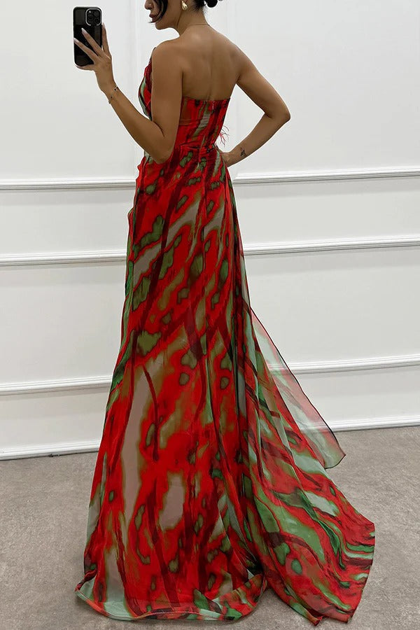 LM | Amazing Views Watercolor Print Feather Rose Detail Off Shoulder Pleated Slit Maxi Dress