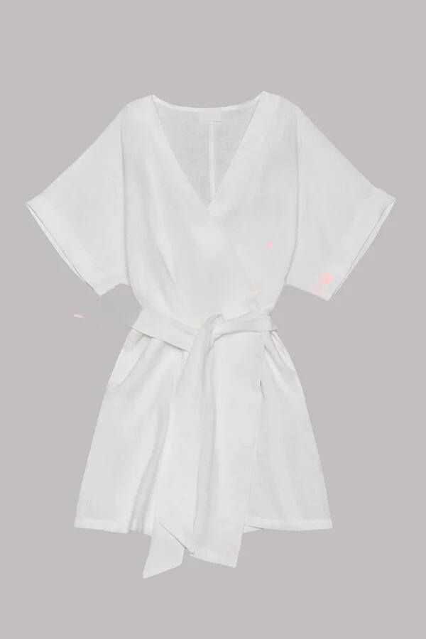 LM | cotton-linen blend pocket belt kimono mini dress