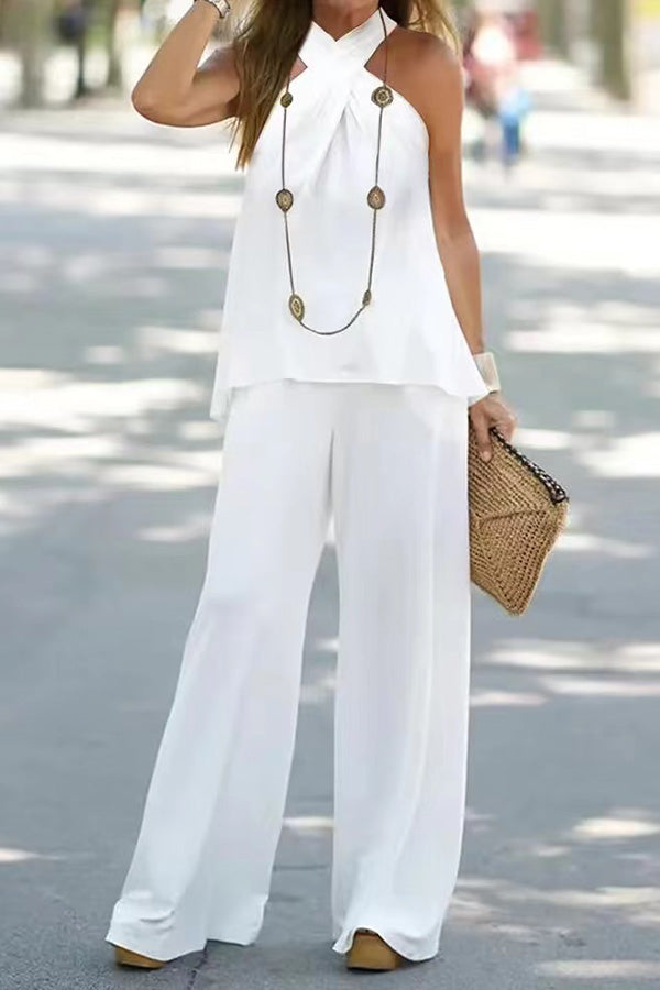 LM | fashion casual halter neck solid color sleeveless wide leg pants set