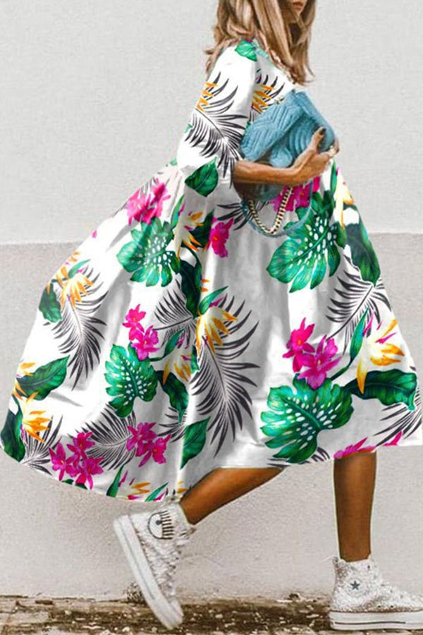LM | Vintage floral print high low hem A-line midi dress