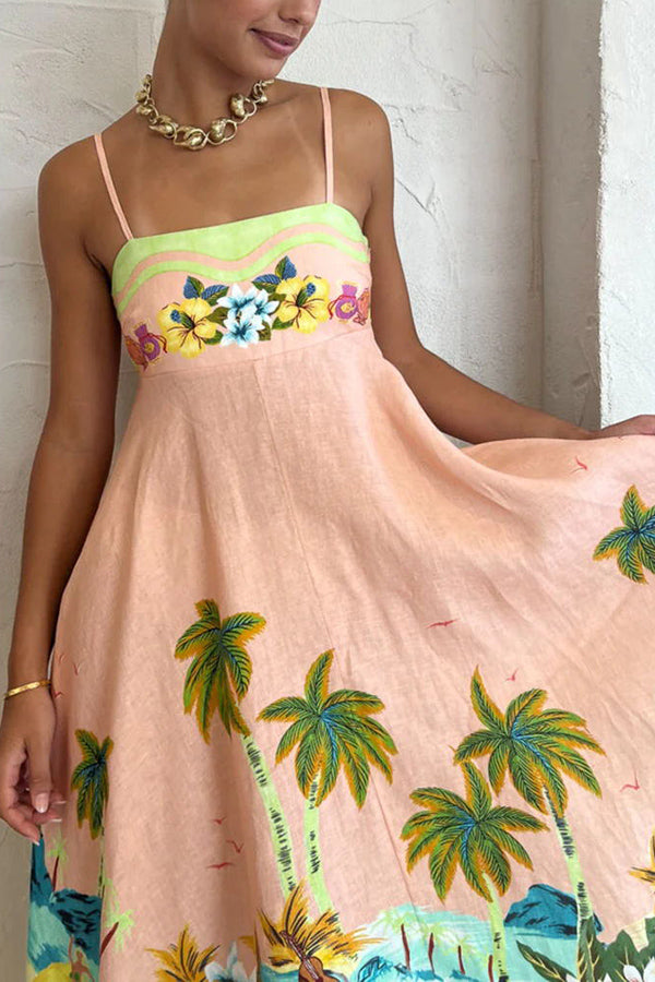 LM | Coconut Scenery Linen Blend Tropical Print Smocked Back Midi Dress