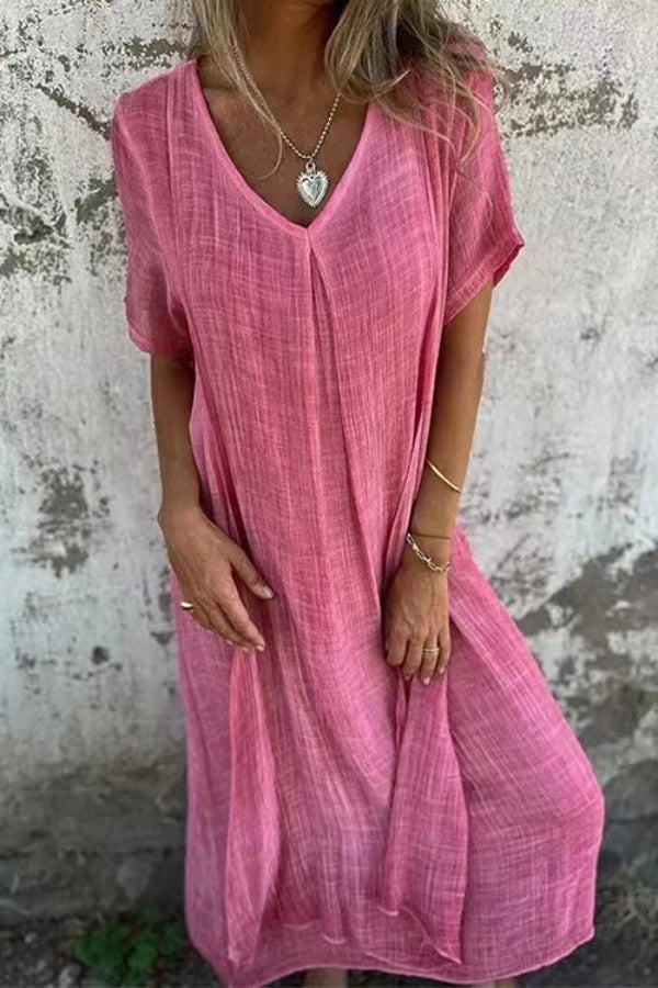LM | V-neck loose fit cotton linen midi dress