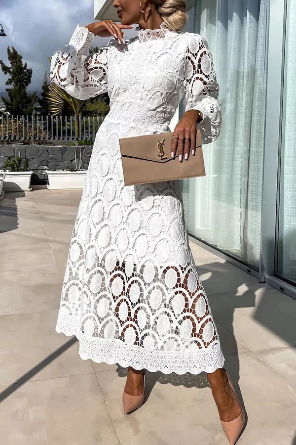 LM | Romantic, Sensual and Elegant Crochet Lace Lantern Sleeve Party Midi Dress