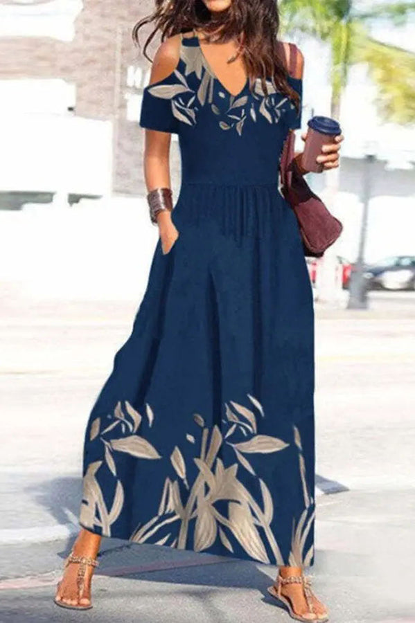 LM | Ayden Plant Print Cold Shoulder Flared Maxi Dress with Pockets