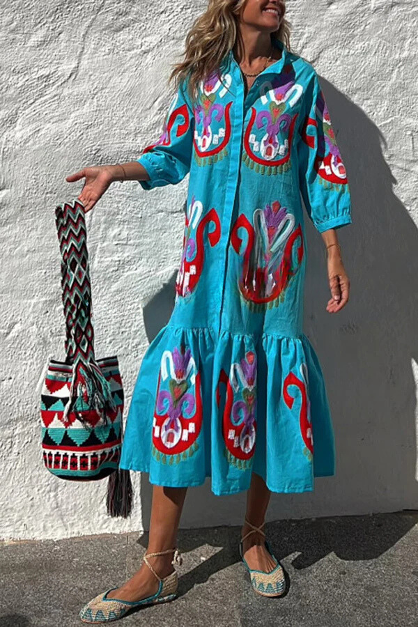 LM | Take Me To Cabo Ethnic Unique Print Button Loose Shirt Midi Dress