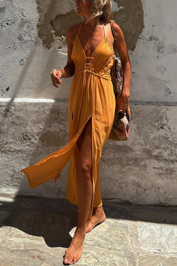 LM | Linen Blend Elastic Waist Halter Backless Pocket Slit Midi Dress