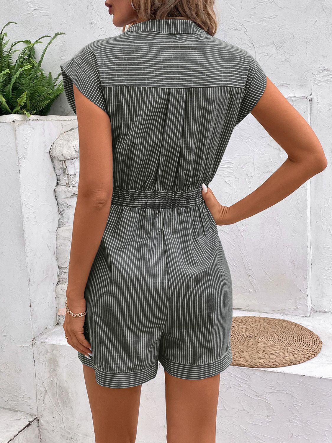 LM | Striped, notched romper with tie