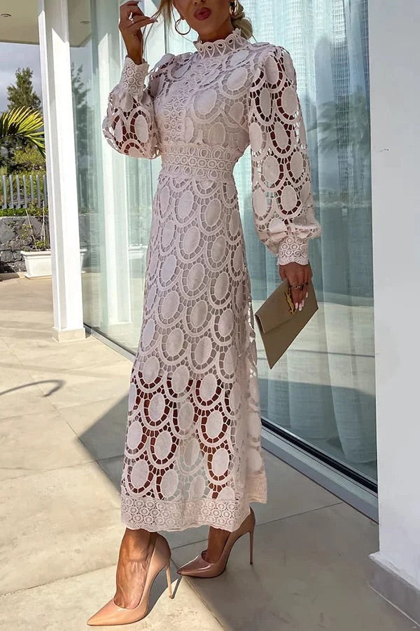 LM | Romantic, Sensual and Elegant Crochet Lace Lantern Sleeve Party Midi Dress